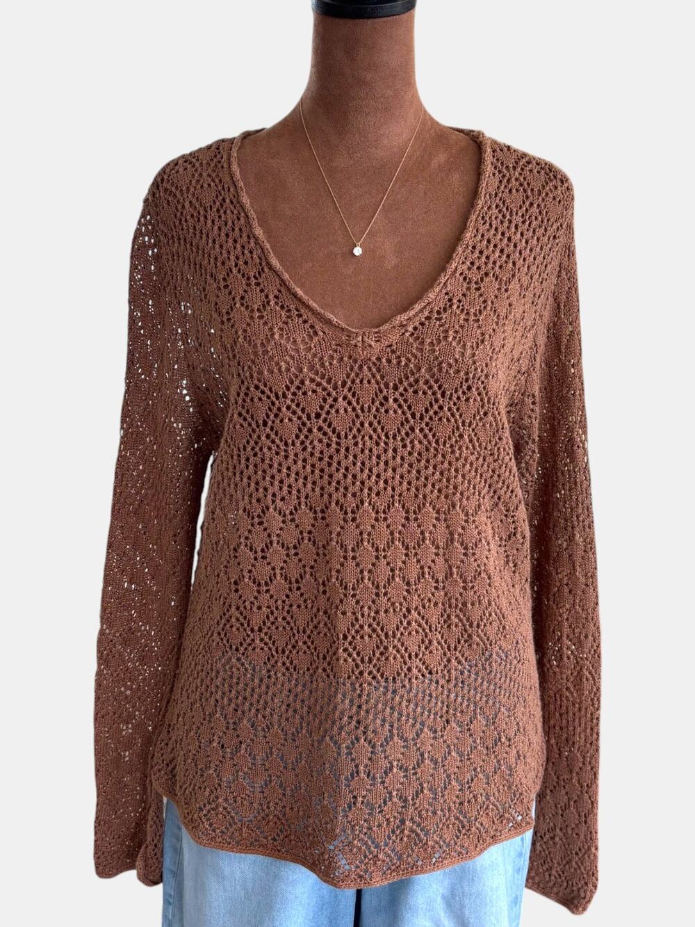 90s Vintage Apostrophe Brown Open Knit Crochet Sweater Ramie Cotton Boho Top XL